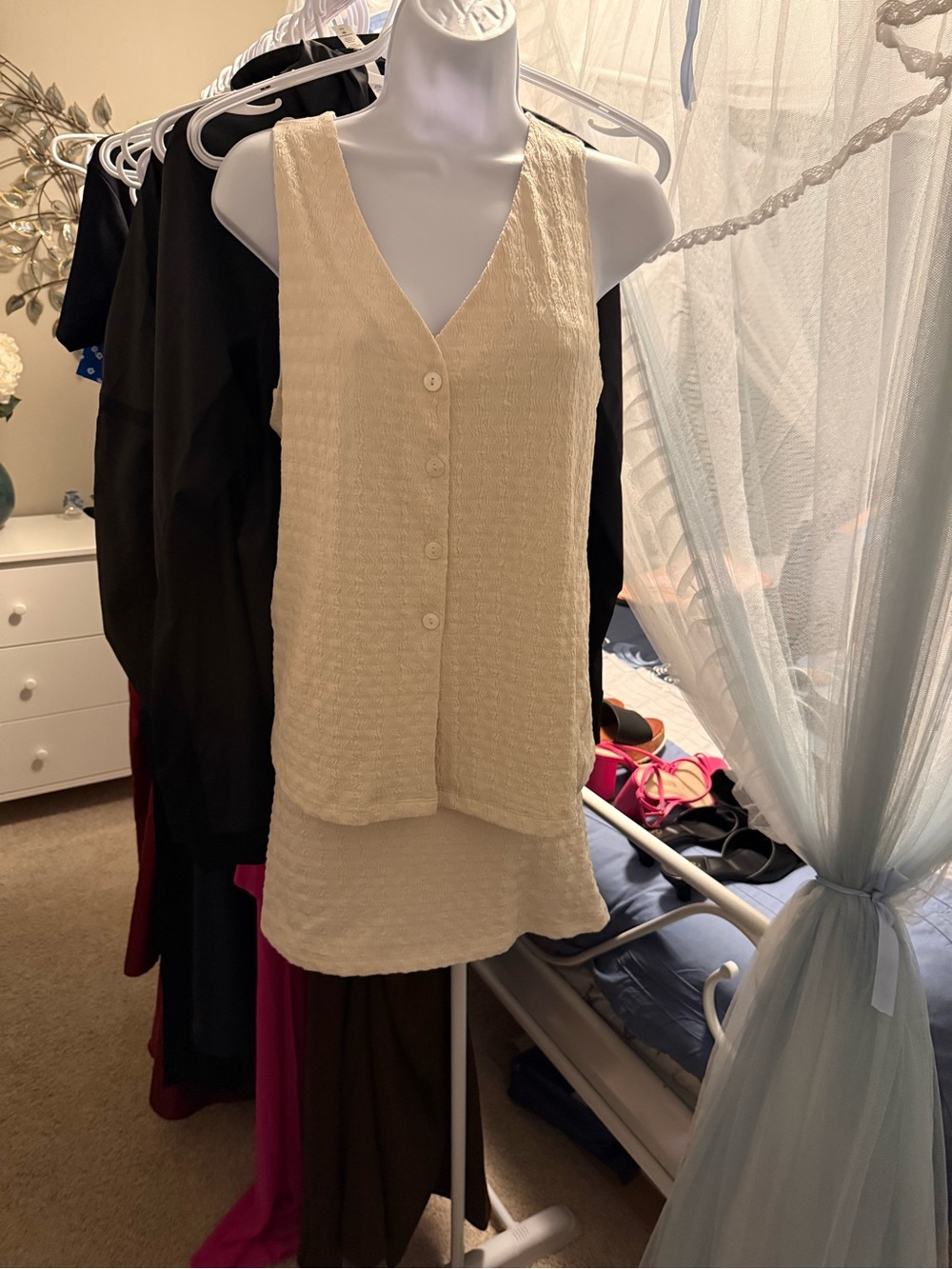 Dynamite Cream Textured V-Neck Button Front vest with matching mini skirt